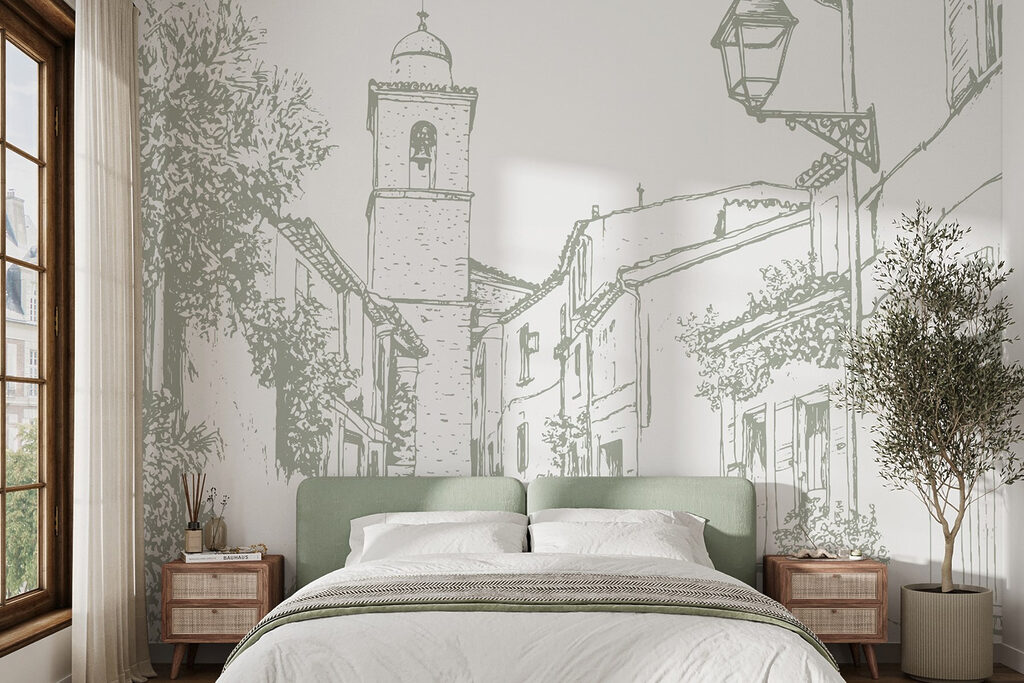 Drawing of a street with buildings and a bell tower