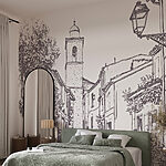 Wall mural Drawing of a street with buildings and a bell tower