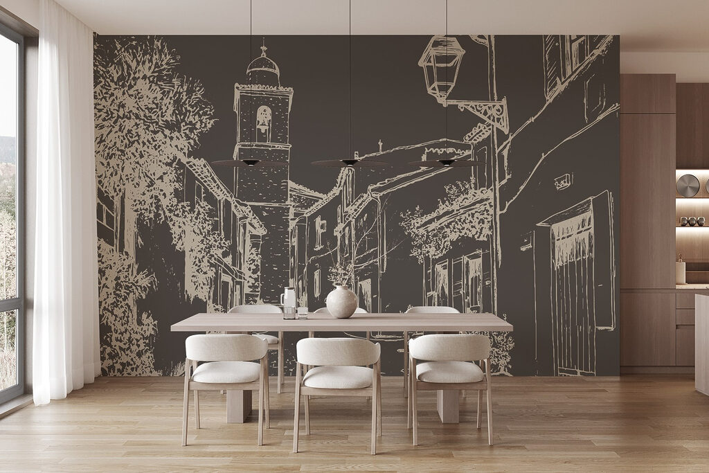 Drawing of a street with buildings and a bell tower Drawing of a street with buildings and a bell tower