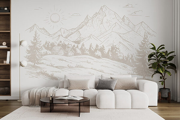 Drawing of a landscape with mountains and trees Drawing of a landscape with mountains and trees