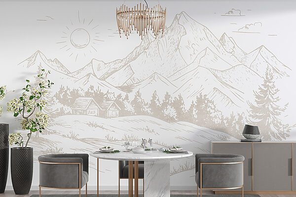 Drawing of a landscape with mountains and trees Drawing of a landscape with mountains and trees