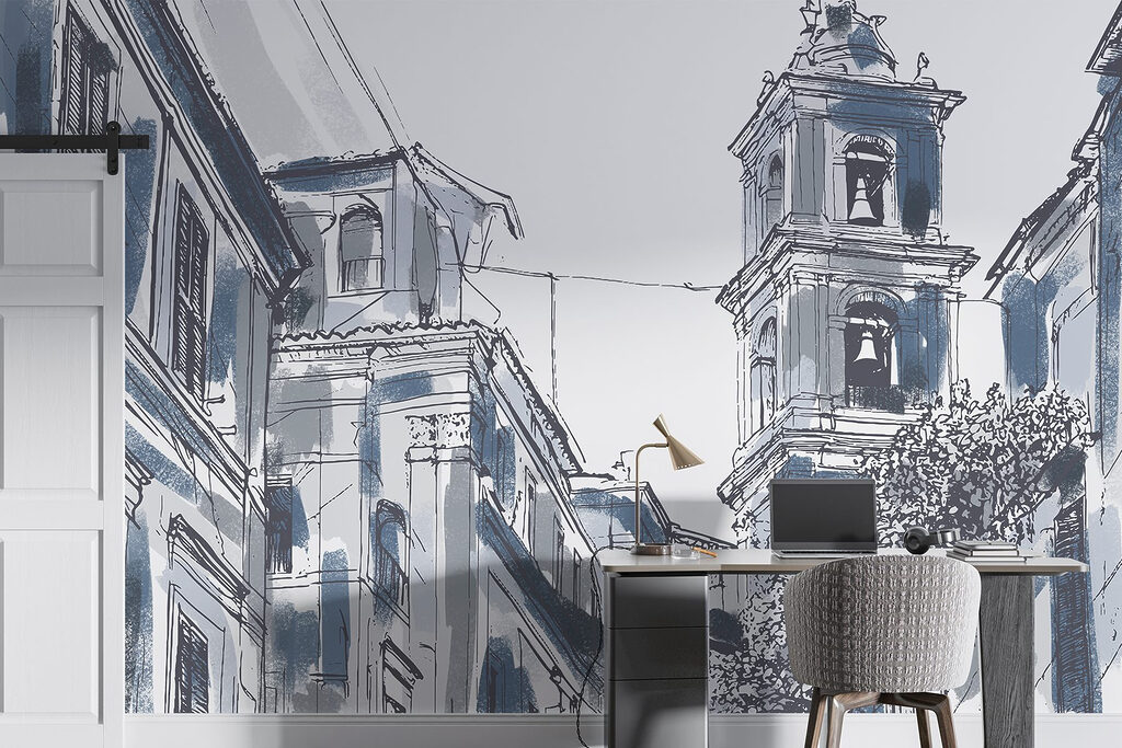 Drawing of a building with bells Drawing of a building with bells