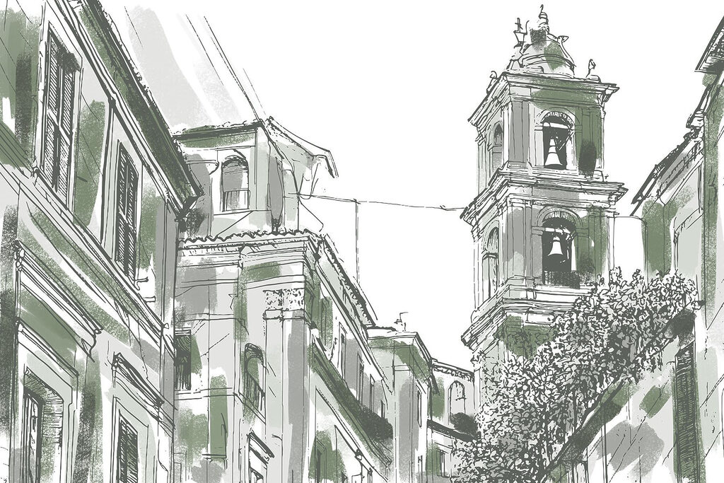 Drawing of a building with bells Drawing of a building with bells