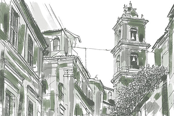 Drawing of a building with bells Drawing of a building with bells