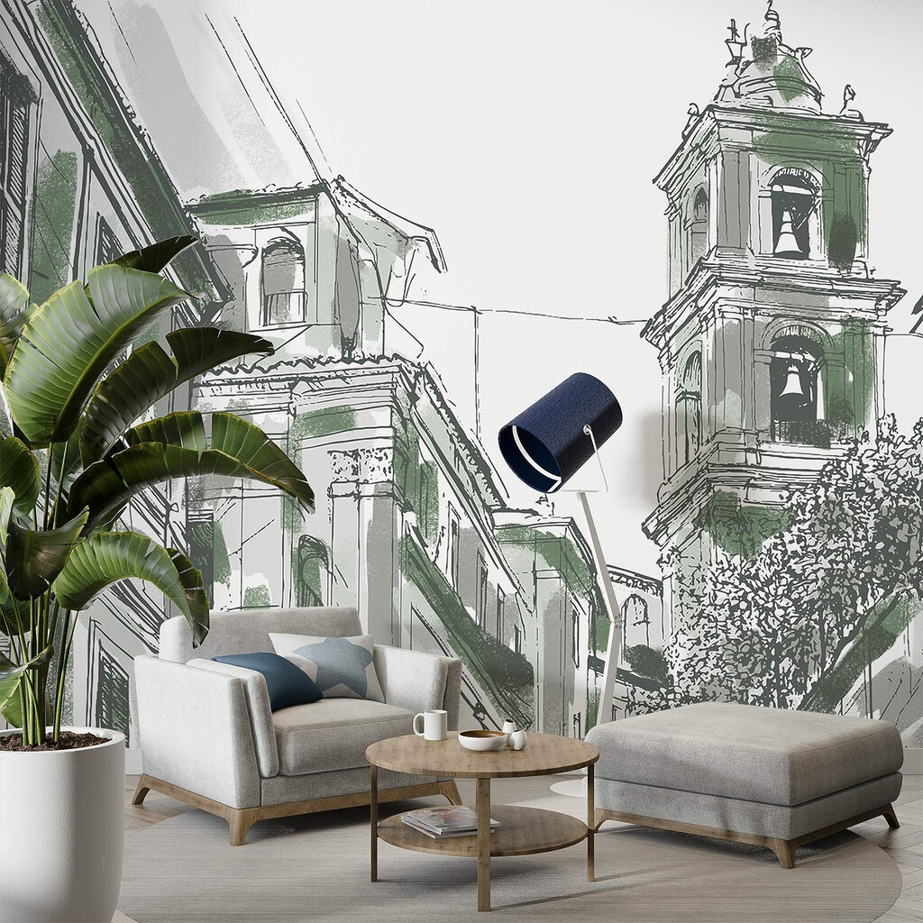 Drawing of a building with bells Drawing of a building with bells