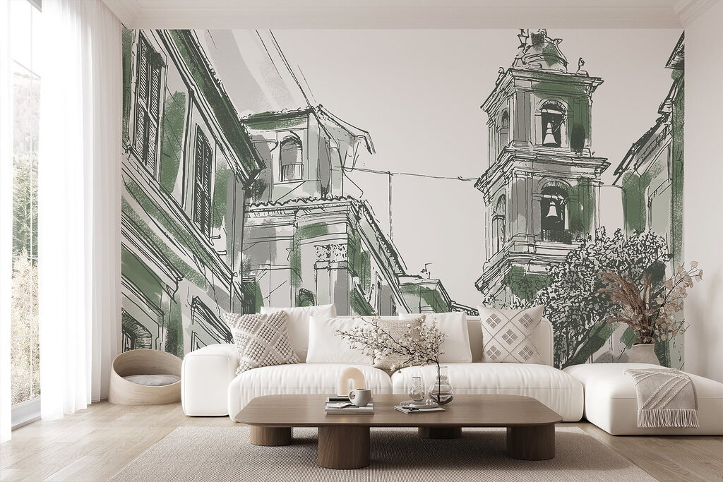 Drawing of a building with bells Drawing of a building with bells