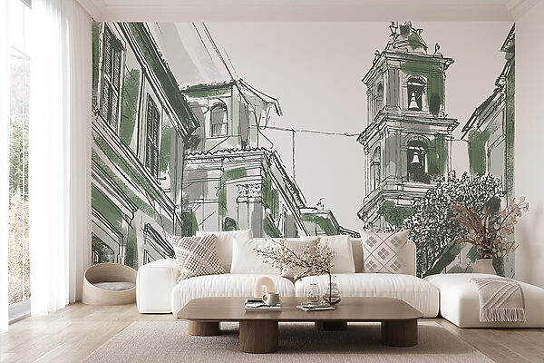 Drawing of a building with bells Drawing of a building with bells