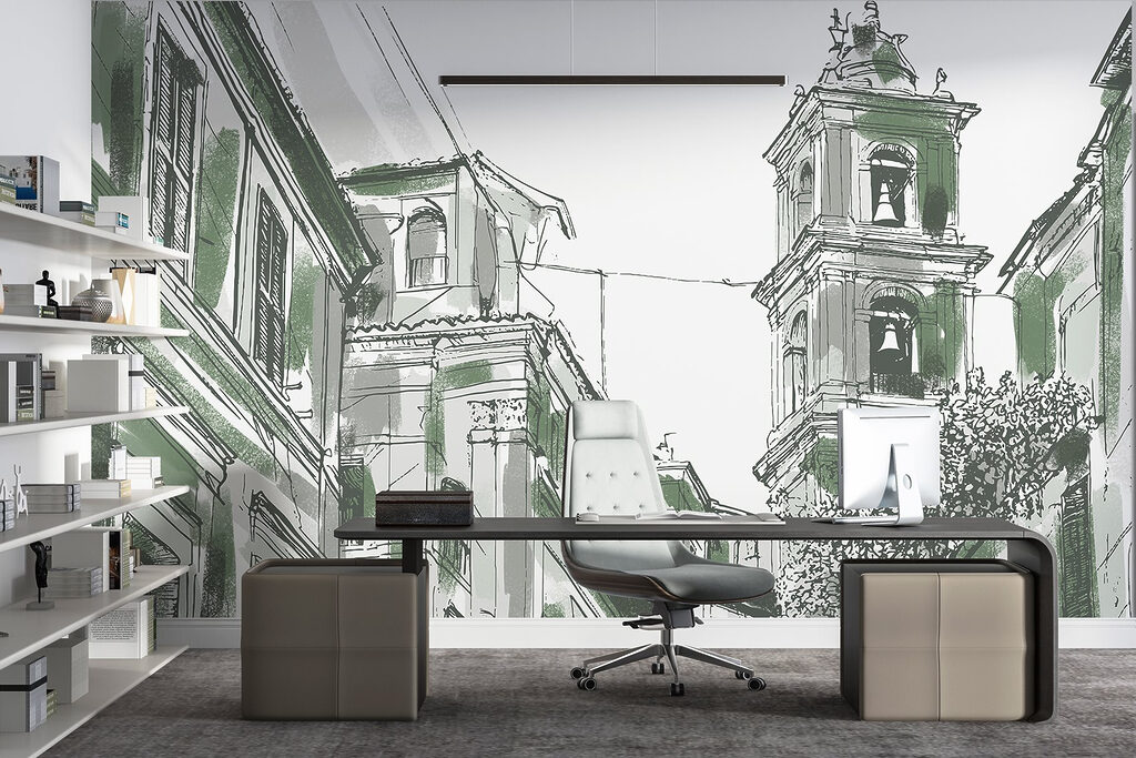 Drawing of a building with bells Drawing of a building with bells