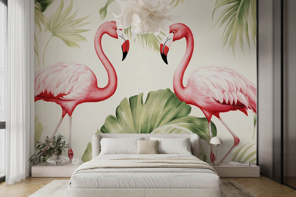 Couple of pink flamingos with green leaves Couple of pink flamingos with green leaves