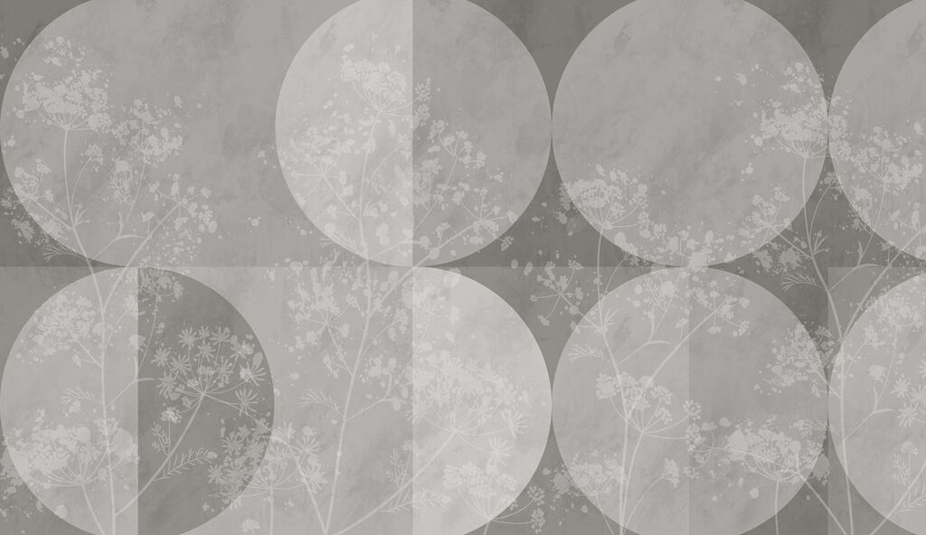 Grey and white background with circles and flowers