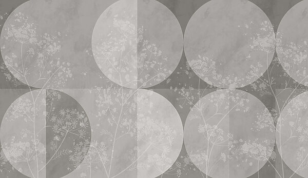 Grey and white background with circles and flowers