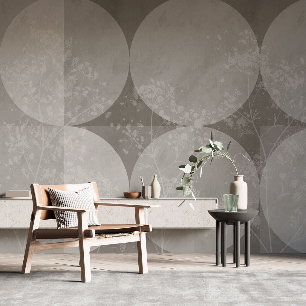 Grey and white wallpaper with white circles and flowers