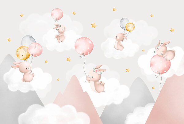 Group of bunnies holding balloons in the sky Group of bunnies holding balloons in the sky