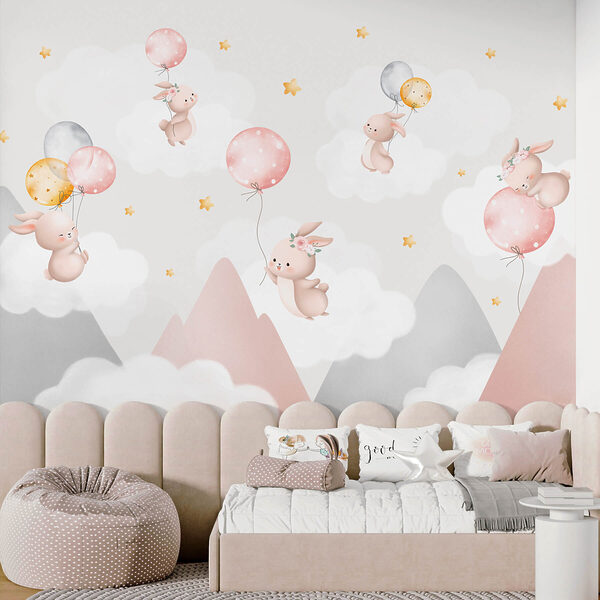 Group of bunnies holding balloons in the sky Group of bunnies holding balloons in the sky