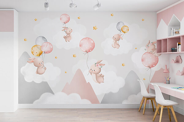Group of bunnies holding balloons in the sky Group of bunnies holding balloons in the sky