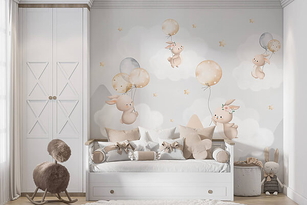 Group of bunnies flying with balloons in the sky Group of bunnies flying with balloons in the sky