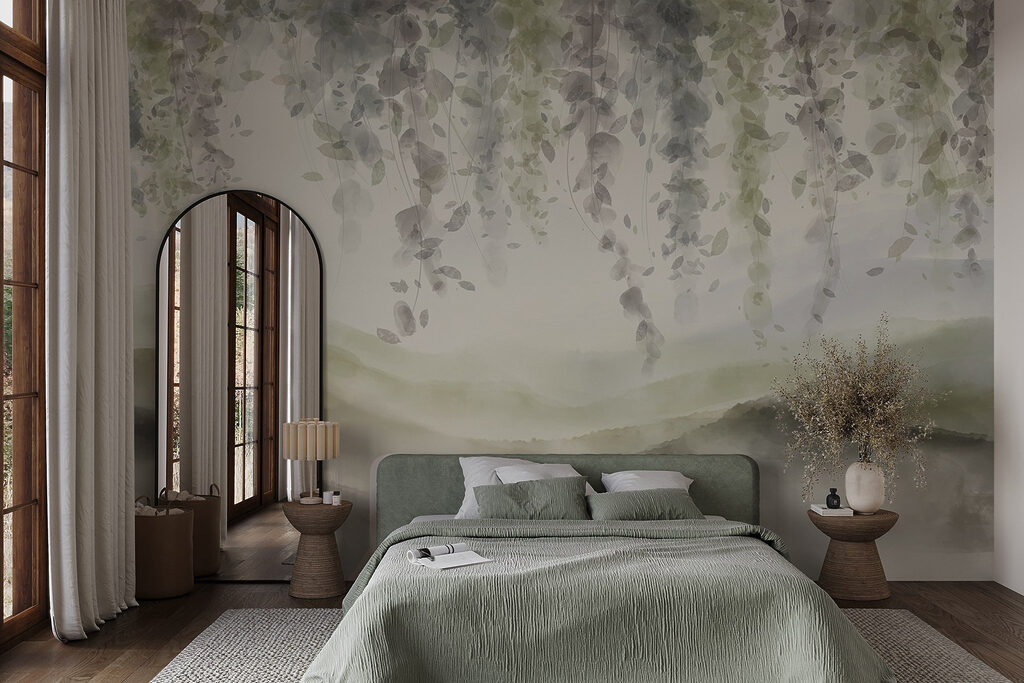 Painting of a landscape with leaves from the ceiling