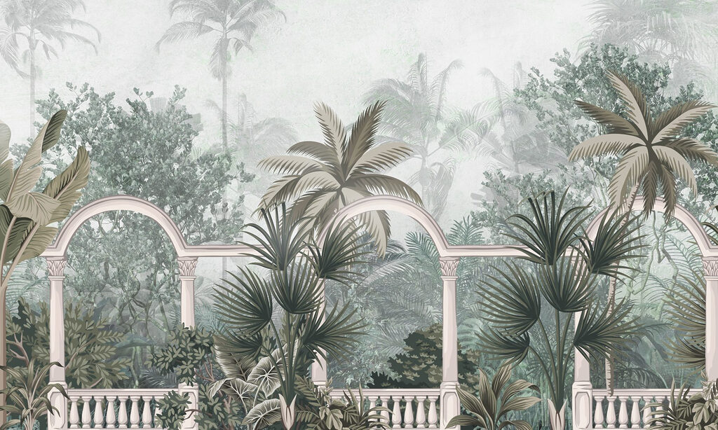 Wallpaper with palm trees and a balcony