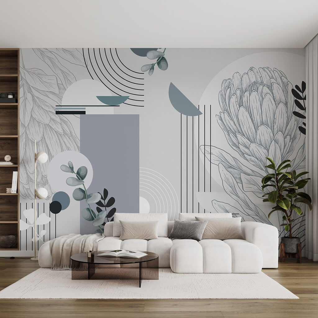 Wallpaper with a flower and leaves