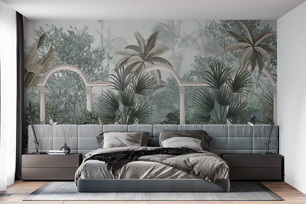 Wallpaper with palm trees and a balcony