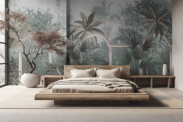 Wallpaper with palm trees and a balcony