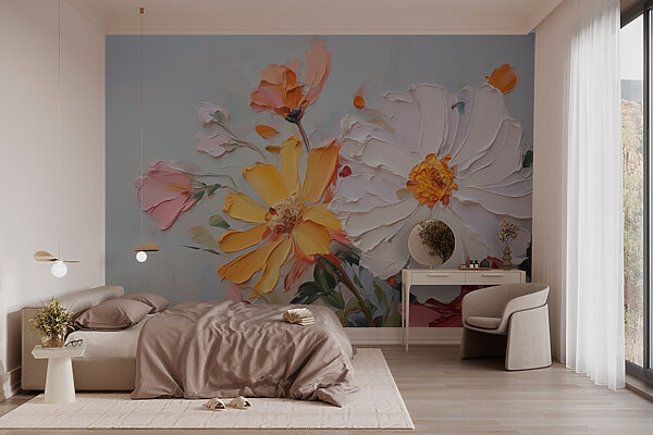 Painting of flowers on a white surface Wall murals Painting of flowers on a white surface