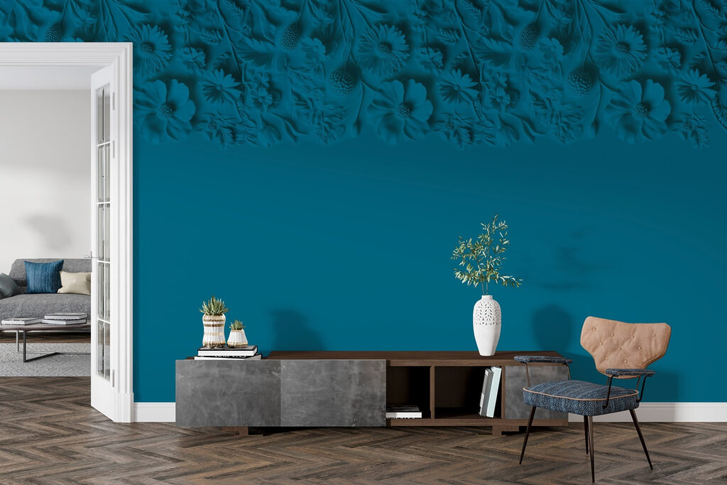 Blue background with flowers and leaves