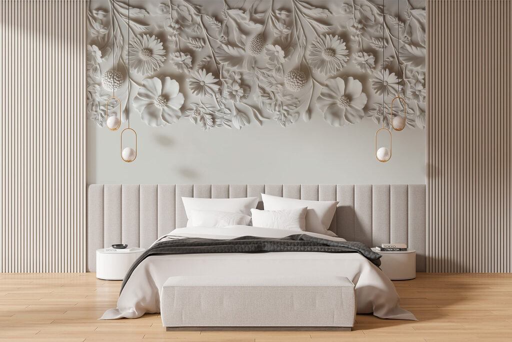 White floral design on a wall White floral design on a wall