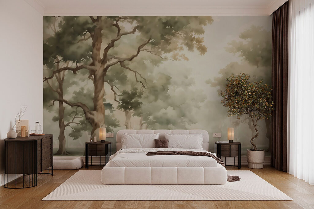 Watercolor painting of trees and a river Watercolor painting of trees and a river