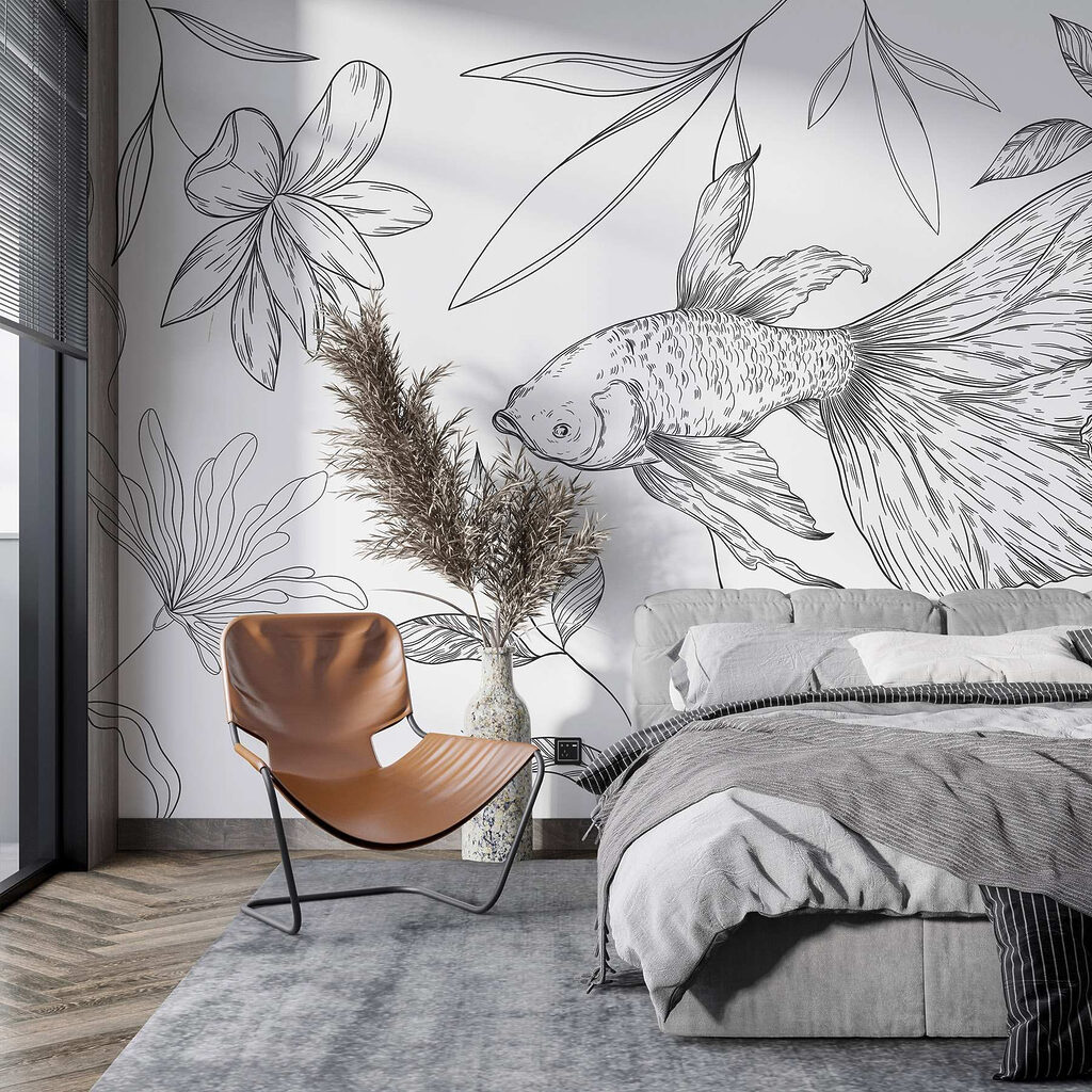 Black and white drawing of a fish and plants