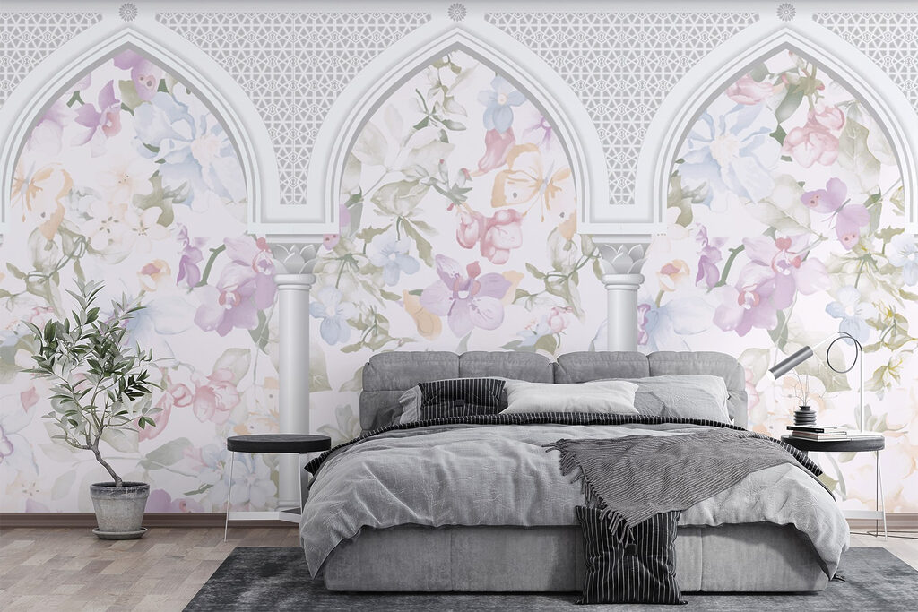 Wallpaper with flowers and arches