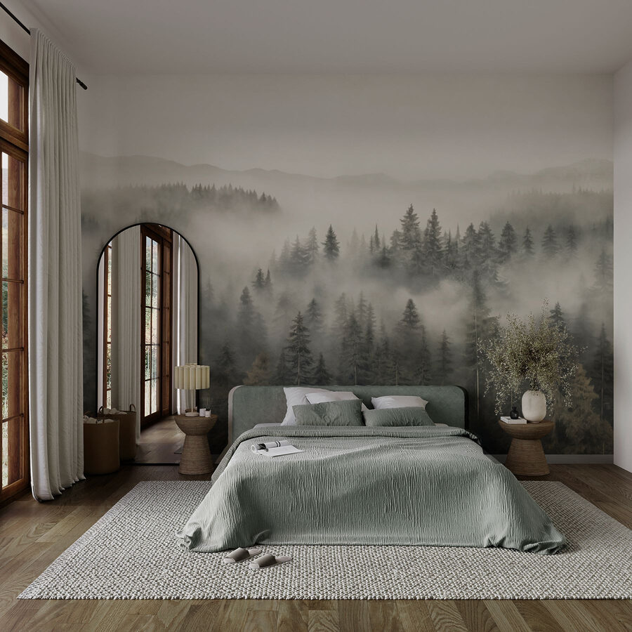 Forest with fog and mountains