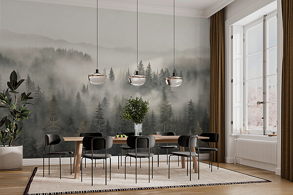Forest with fog and mountains Forest with fog and mountains