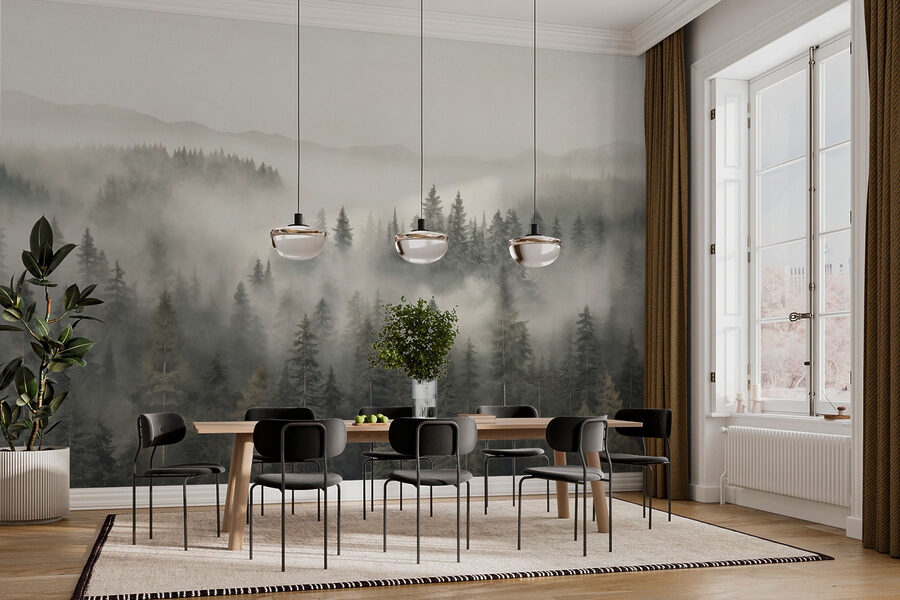 Forest with fog and mountains