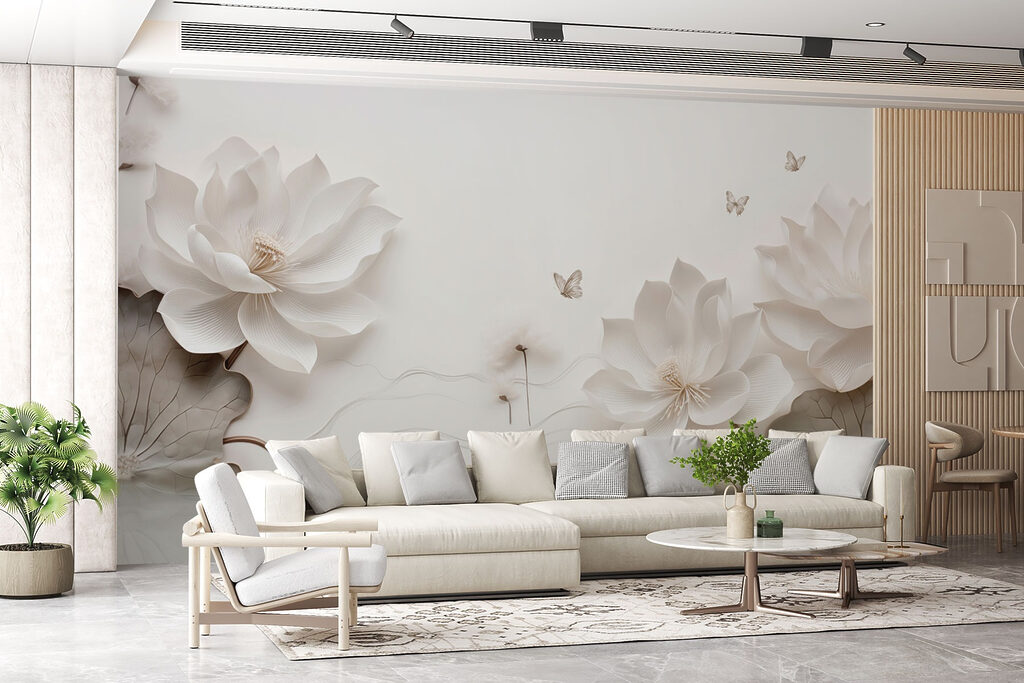 White paper flowers and butterflies on a white surface