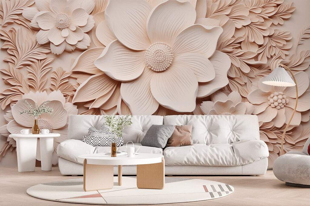 White flowers and leaves on a wall White flowers and leaves on a wall