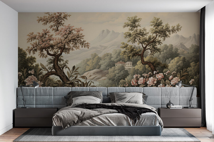 Landscape with trees and flowers