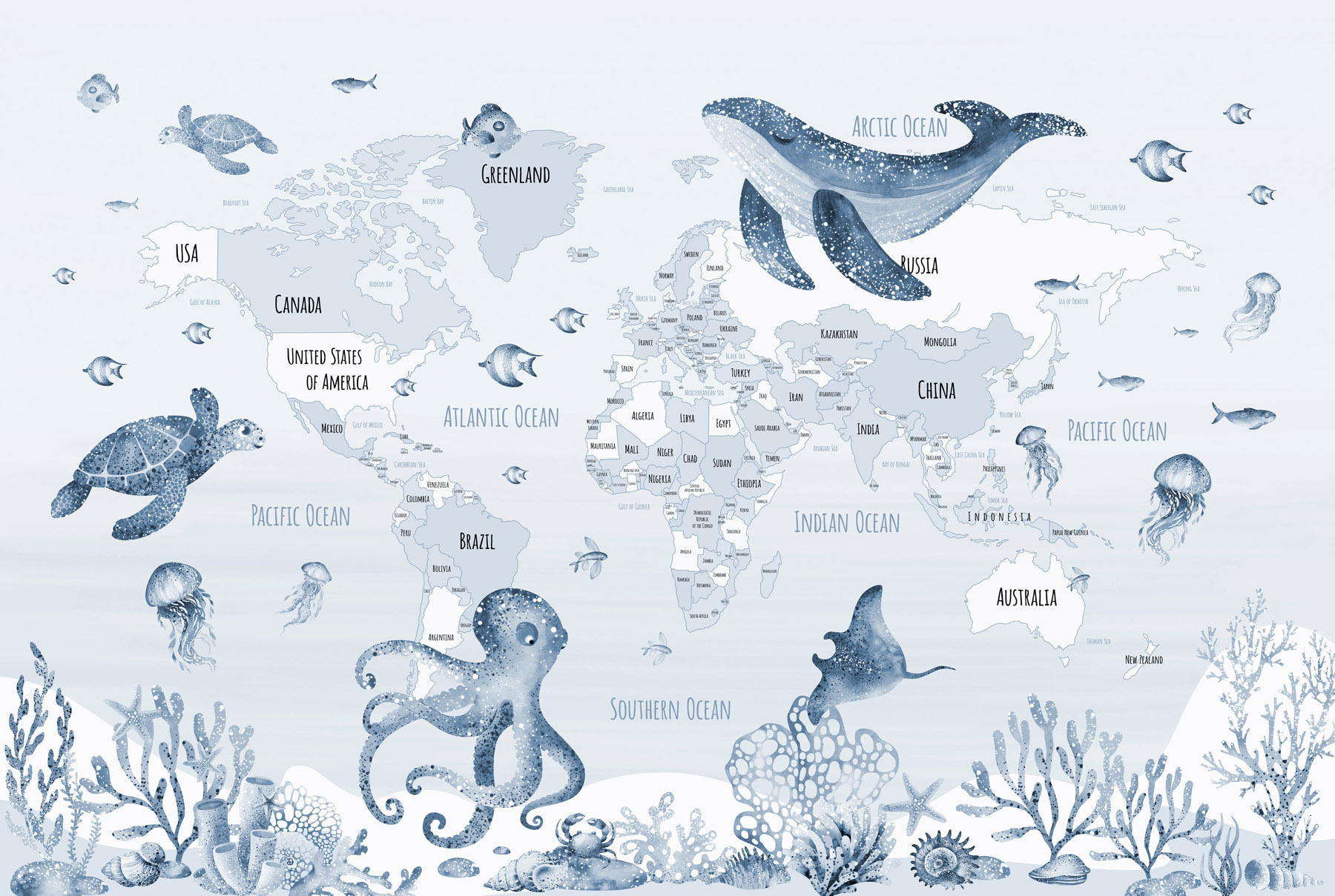Map of the world with sea animals Map of the world with sea animals