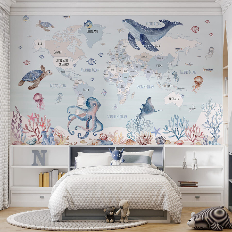 Map of the world with sea animals