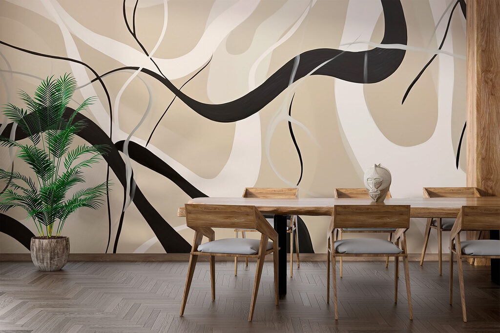 Black and white swirls on a tan background