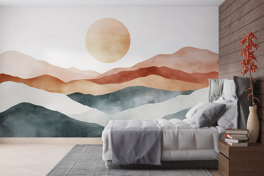Painting of mountains and sun Painting of mountains and sun