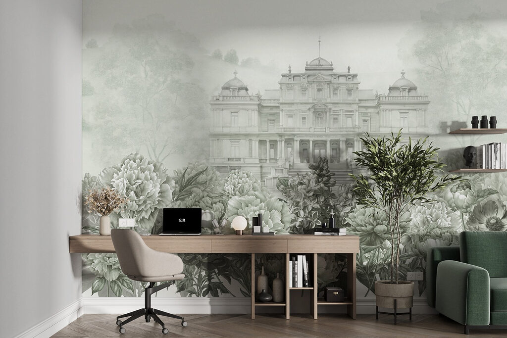 Large white building with flowers