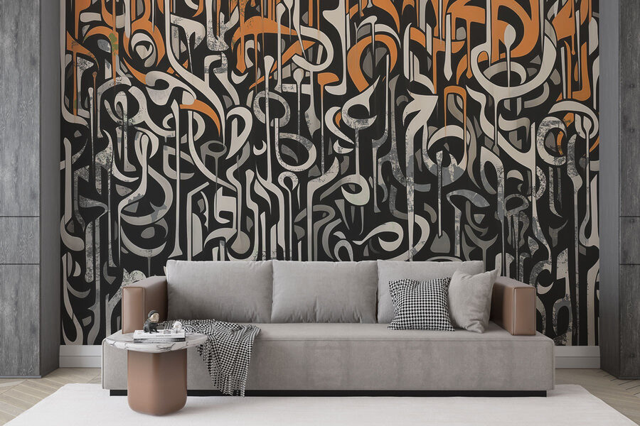 Wall murals Black and white art with orange and white lines