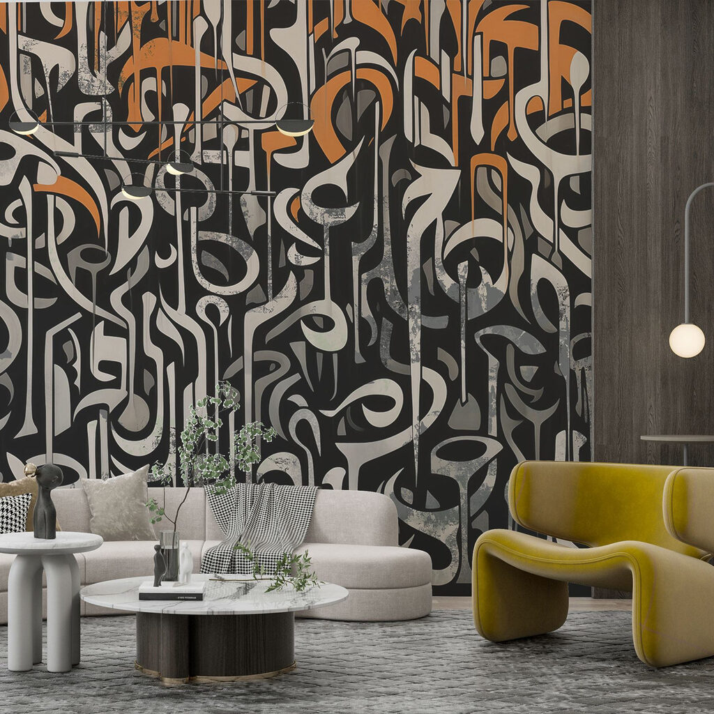 Black and white art with orange and white lines