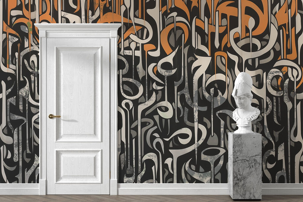 Black and white art with orange and white lines