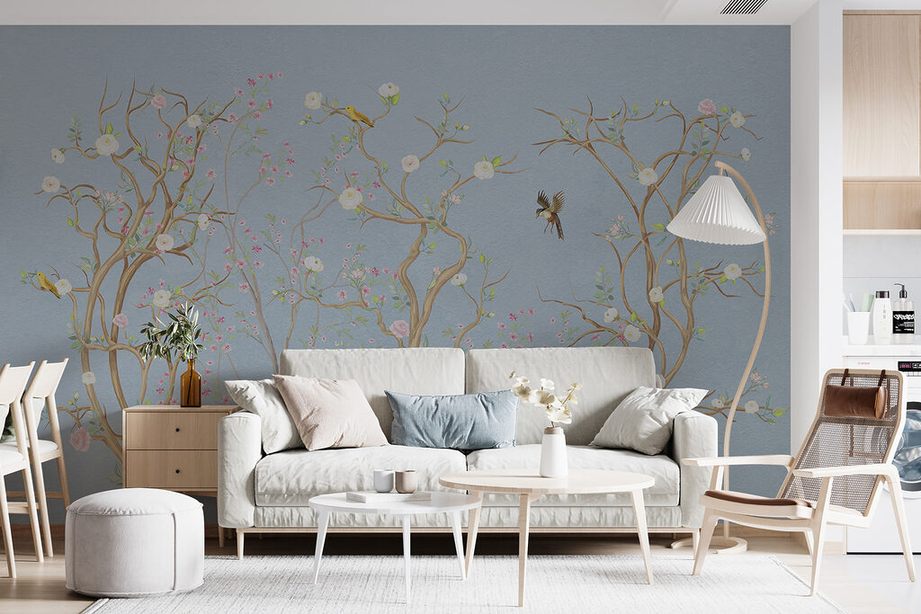 Mural of a tree with flowers and birds