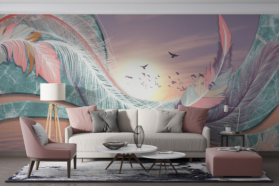 Colorful feathers and birds flying over water Colorful feathers and birds flying over water