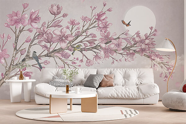 Painting of a branch with pink flowers and birds Painting of a branch with pink flowers and birds
