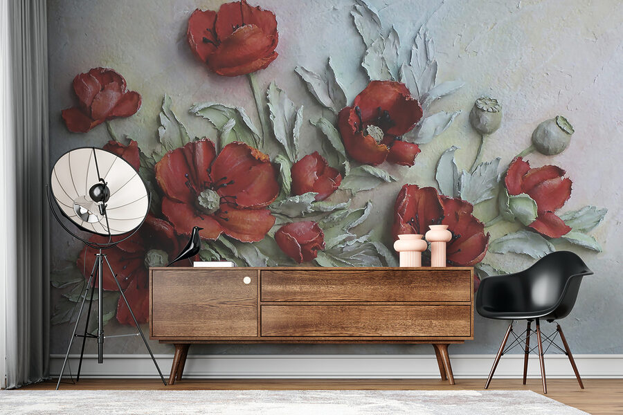 Vibrant red flowers in soft hues.