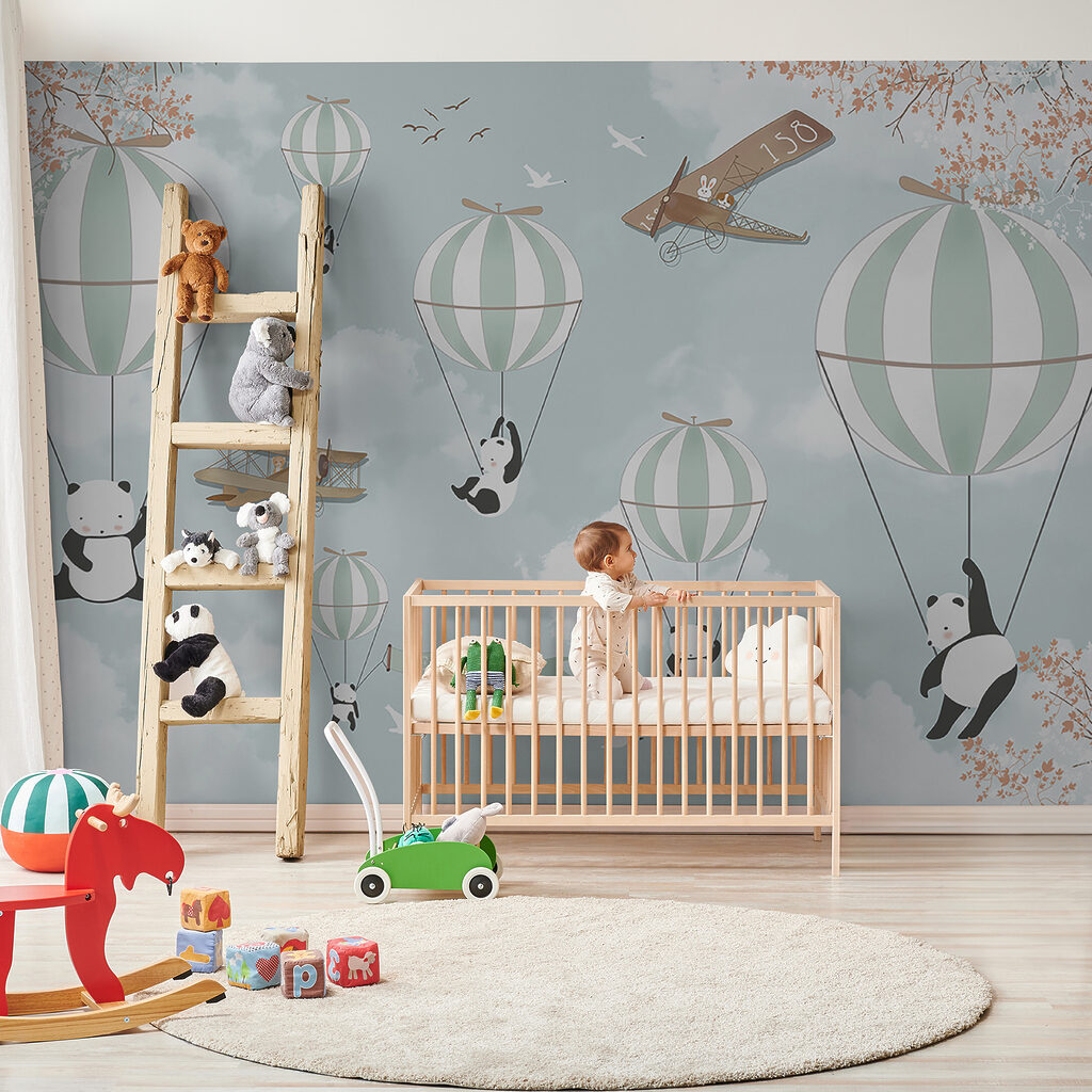 Pandas and hot air balloons in the sky